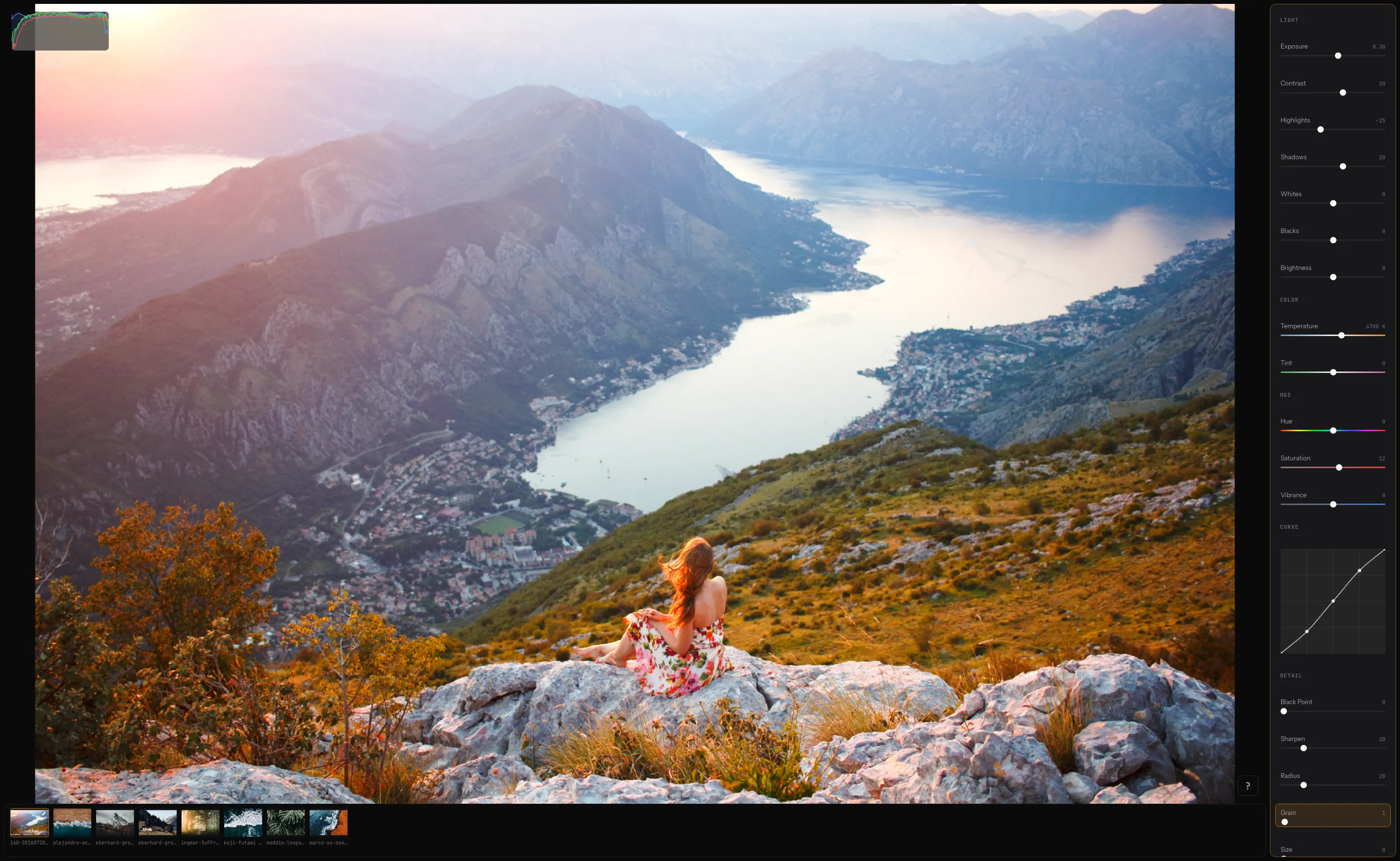 Darkslide editor — keyboard-driven photo adjustments with histogram, curve editor, and filmstrip